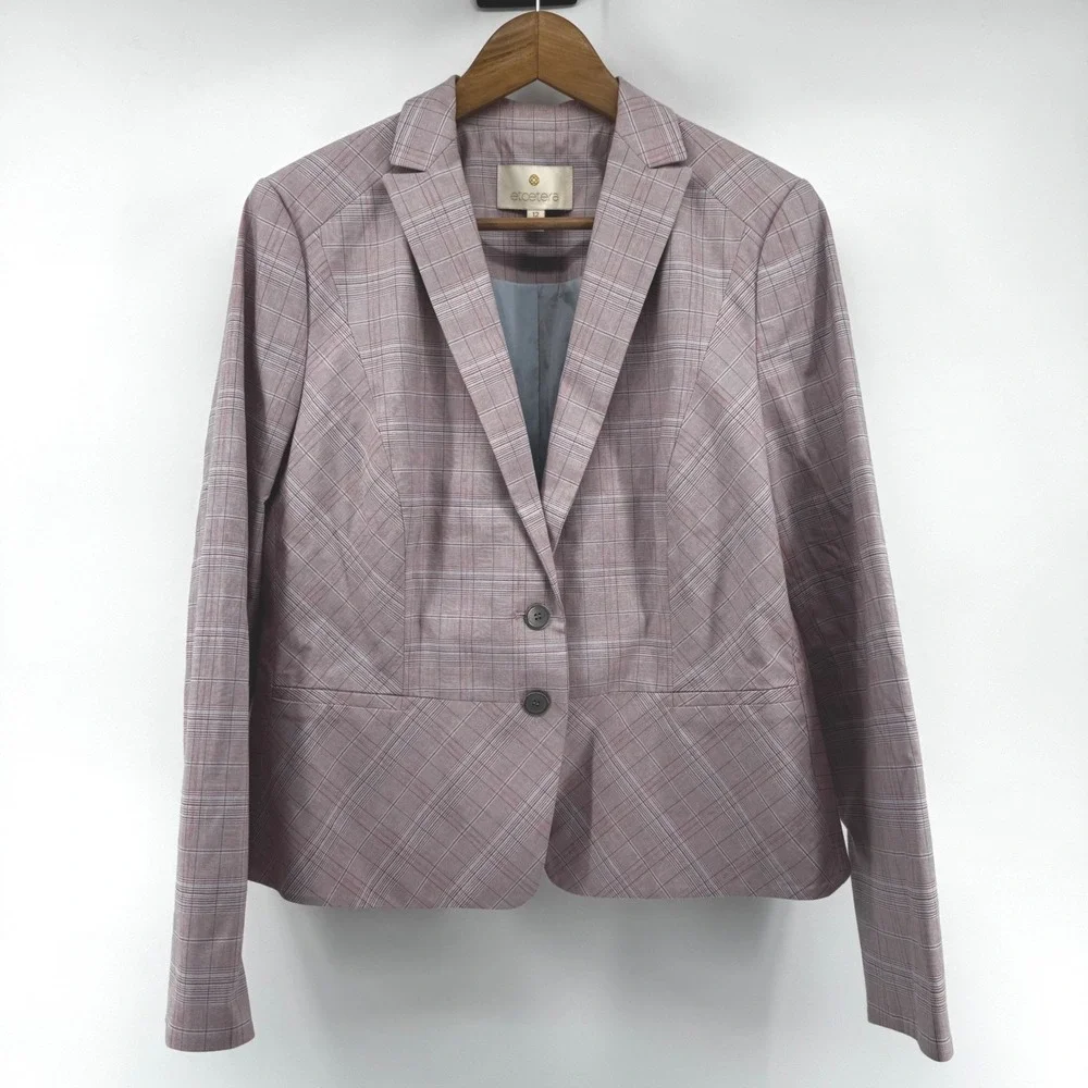 Etcetera Plaid Cotton Blazer Women's 12 Pink Blue Tailored Stretch Career Office
